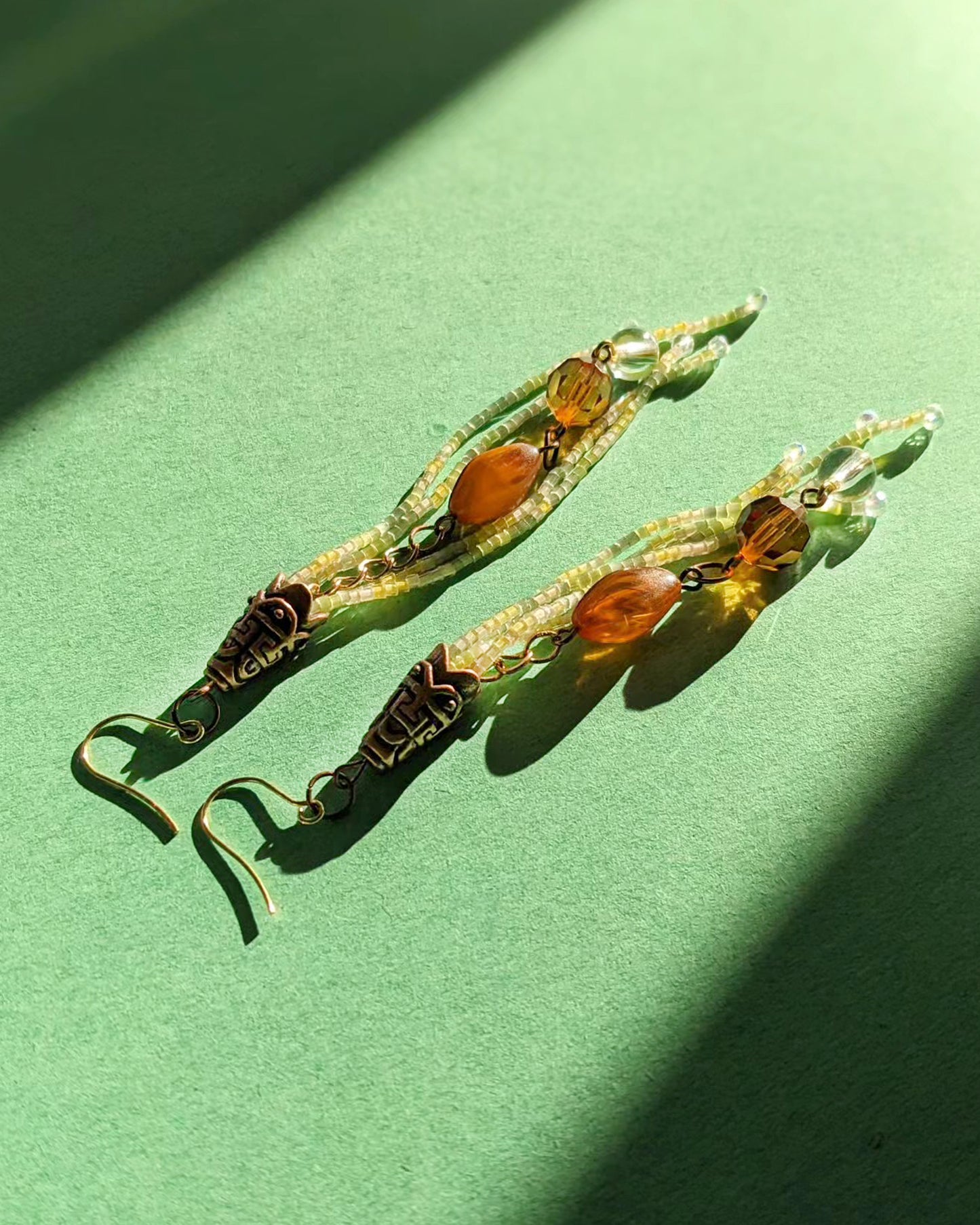 Green Silk Beaded Tassel Earrings