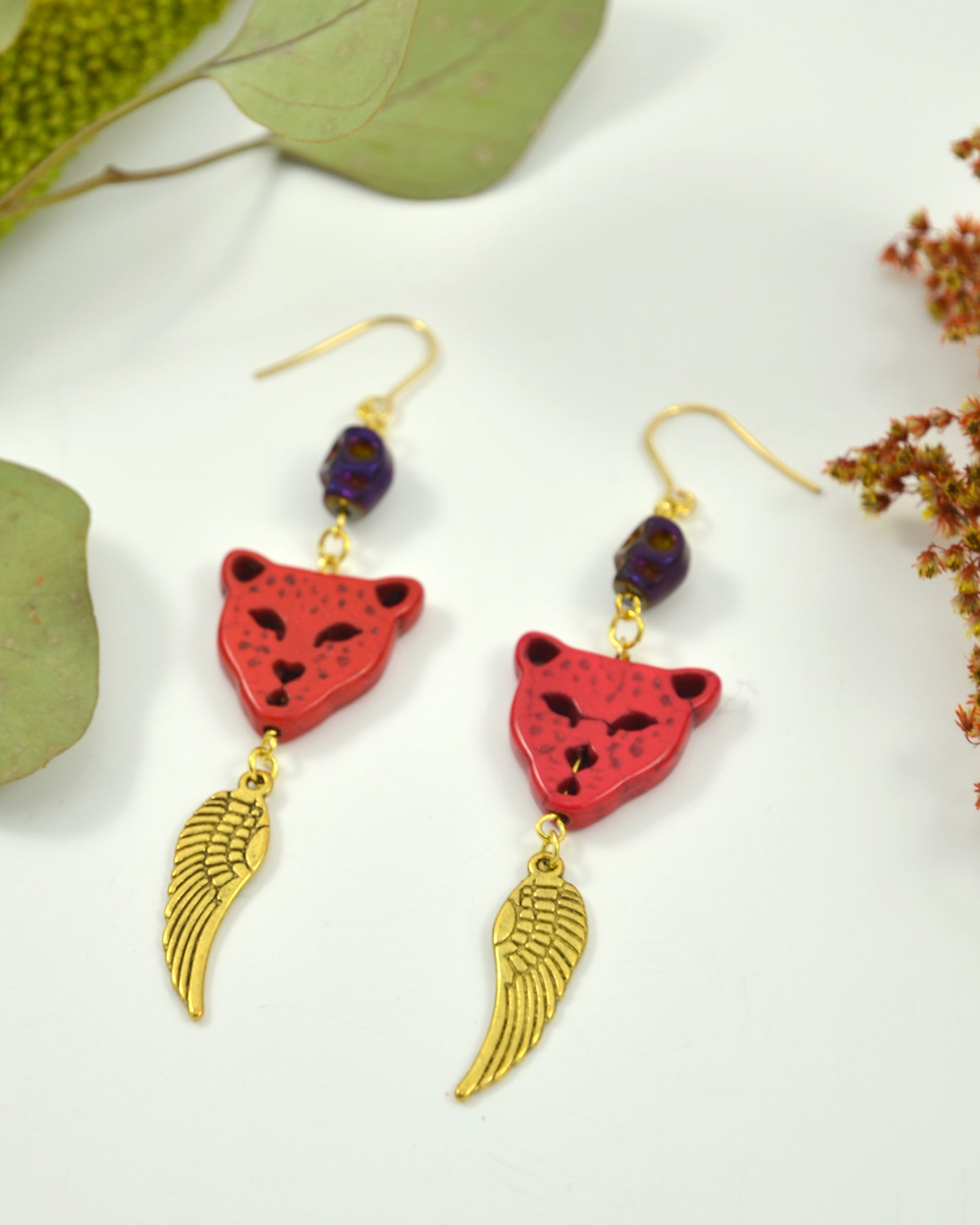 Red Leopard Feather dangling earrings