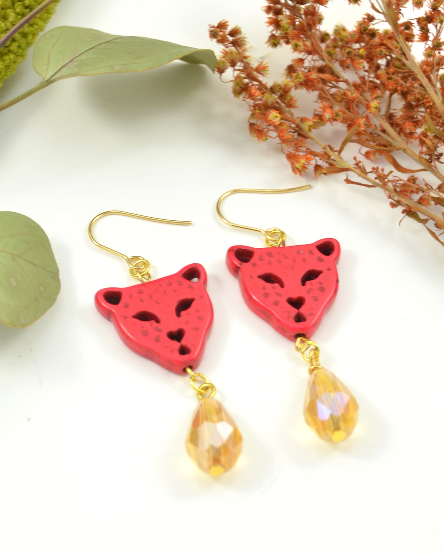 Red & Yellow Leopard dangling earrings