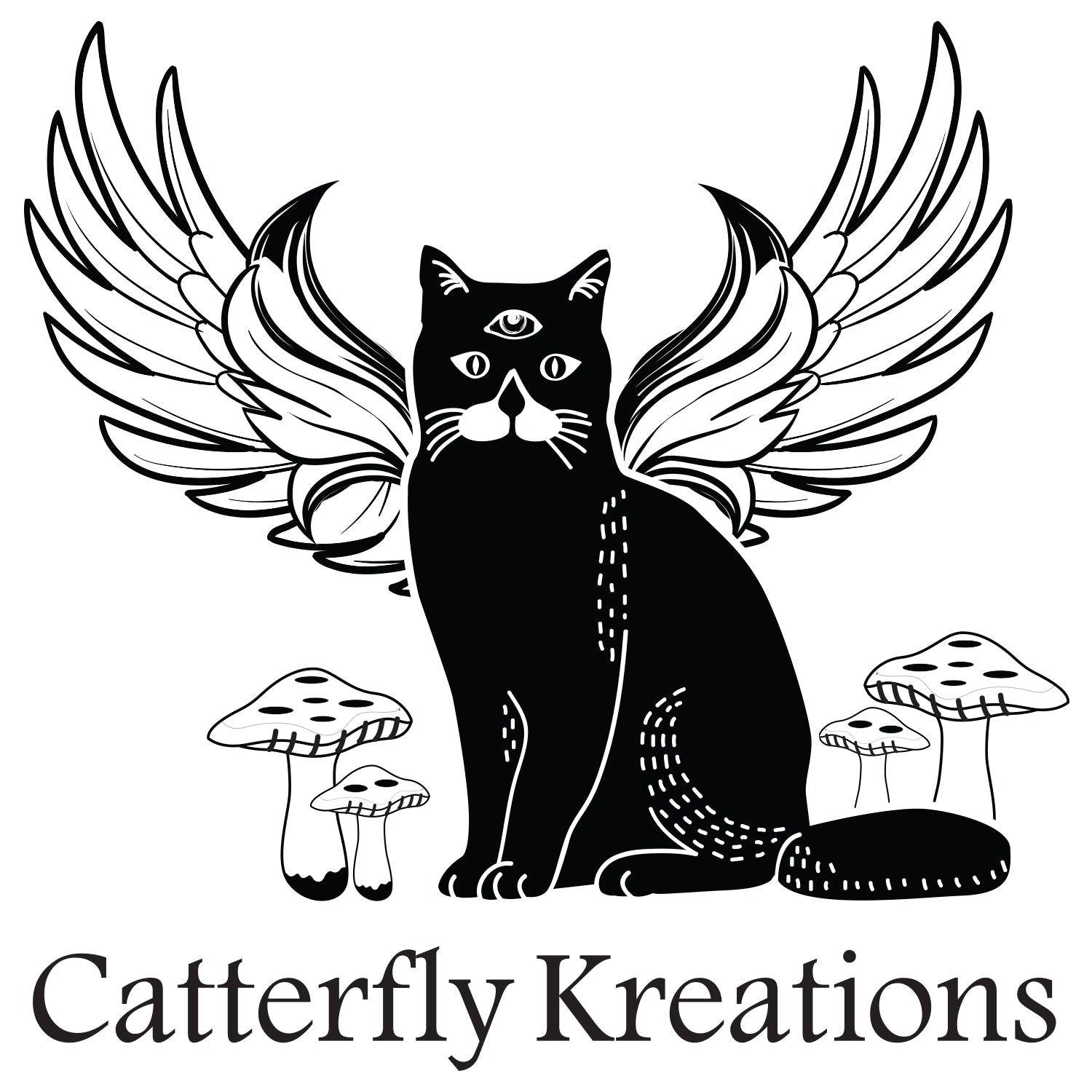 Catterfly Kreations Cat with Wings mushrooms and third eye.