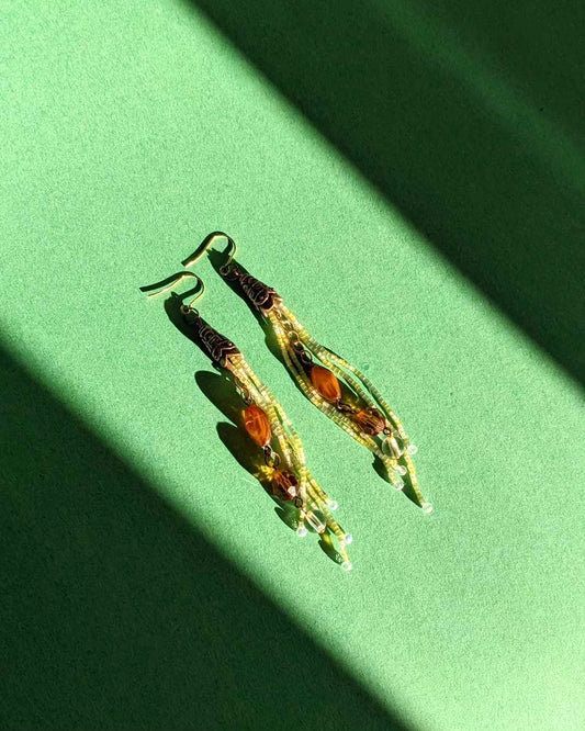 Green Silk Beaded Tassel Earrings