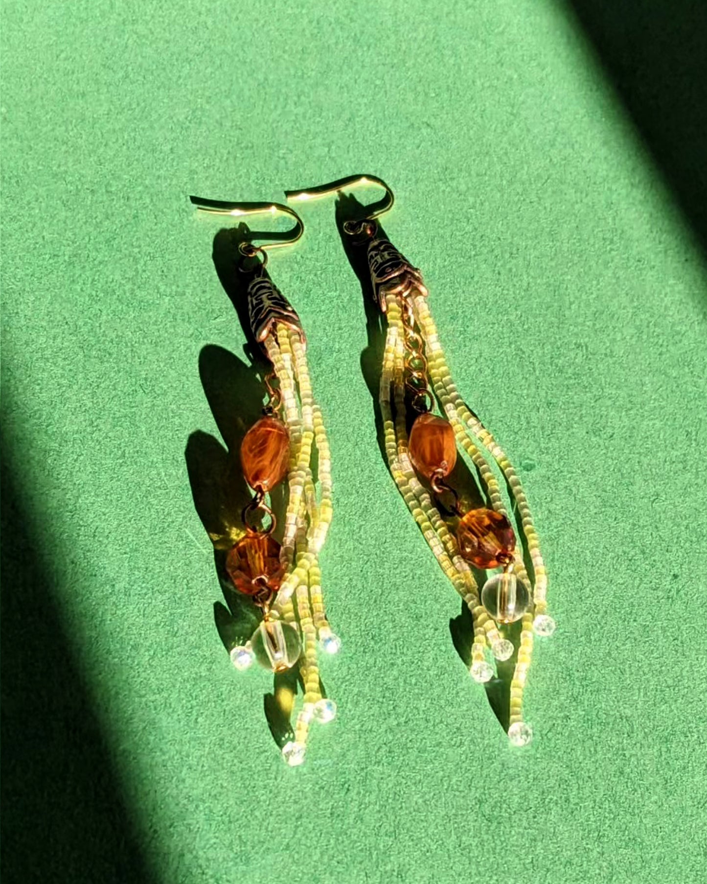 Green Silk Beaded Tassel Earrings