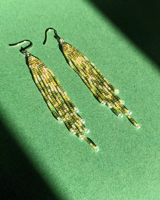 Green Silk Beaded  medium sized Earrings