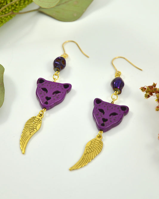 Purple Leopard Feather dangling earrings