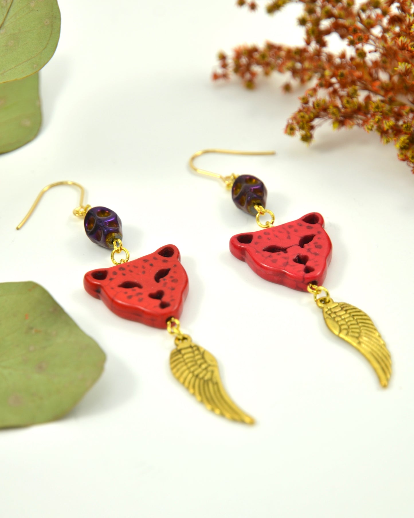 Red Leopard Feather dangling earrings